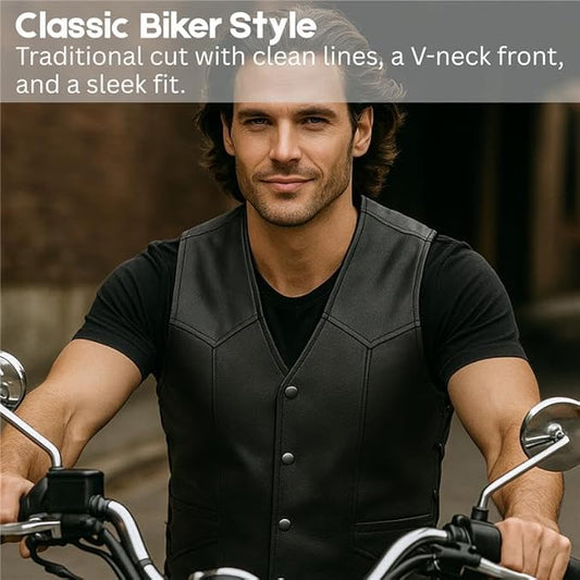 Mens Leather Motorcycle Vest for Riding With Adjustable Side Laces - Classic Western Style Snap Button Black Vest