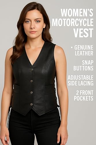 Women’s Sheepskin Leather Motorcycle Vest – Genuine Leather Biker Vest with Side Laces, Snap Closure & Pockets