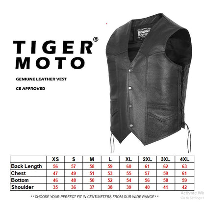 Mens Leather Motorcycle Vest for Riding With Adjustable Side Laces - Classic Western Style Snap Button Black Vest