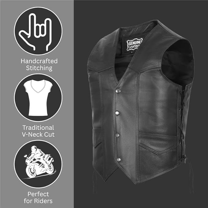 Mens Leather Motorcycle Vest for Riding With Adjustable Side Laces - Classic Western Style Snap Button Black Vest