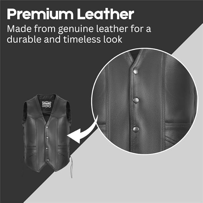 Mens Leather Motorcycle Vest for Riding With Adjustable Side Laces - Classic Western Style Snap Button Black Vest
