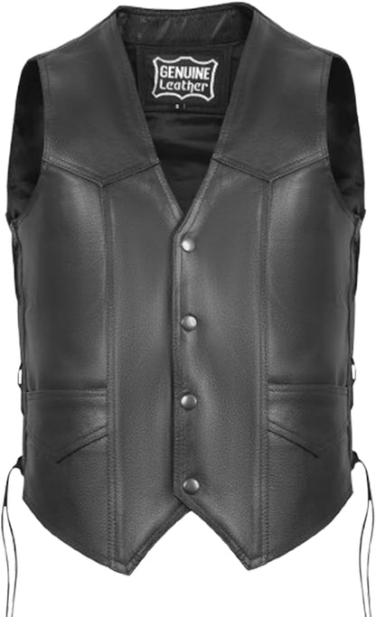 Mens Leather Motorcycle Vest for Riding With Adjustable Side Laces - Classic Western Style Snap Button Black Vest