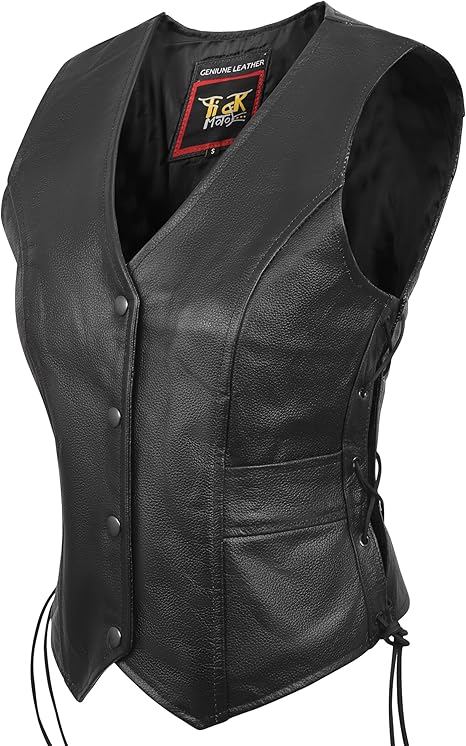 Women’s Leather Motorcycle Vest – Genuine Leather Biker Vest with Side Laces, Snap Closure & Pockets