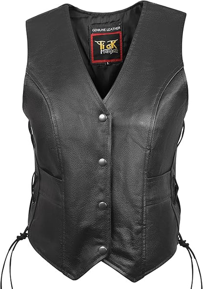 Women’s Sheepskin Leather Motorcycle Vest – Genuine Leather Biker Vest with Side Laces, Snap Closure & Pockets