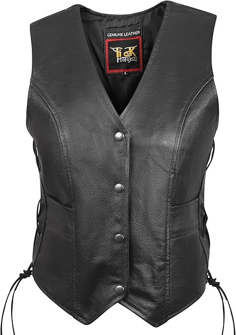 Women’s Leather Motorcycle Vest – Genuine Leather Biker Vest with Side Laces, Snap Closure & Pockets
