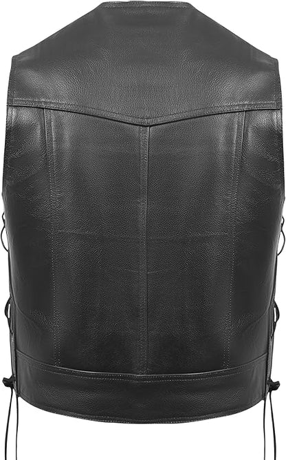 Women’s Sheepskin Leather Motorcycle Vest – Genuine Leather Biker Vest with Side Laces, Snap Closure & Pockets