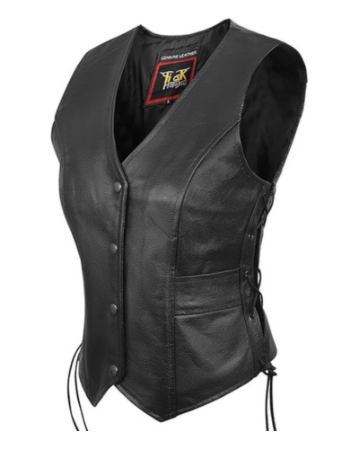 Women’s Sheepskin Leather Motorcycle Vest – Genuine Leather Biker Vest with Side Laces, Snap Closure & Pockets