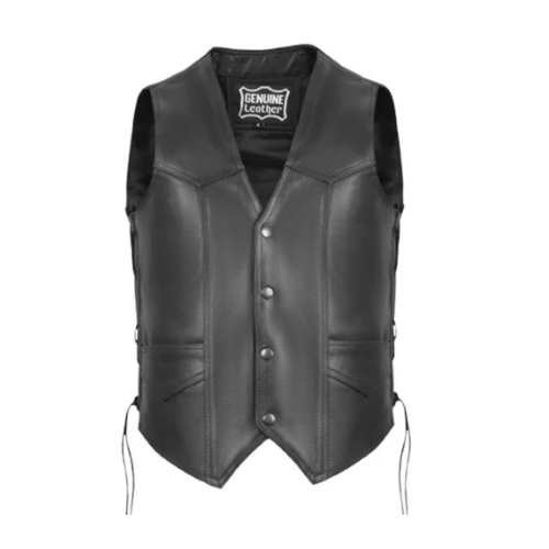 Mens Leather Motorcycle Vest for Riding With Adjustable Side Laces - Classic Western Style Snap Button Black Vest